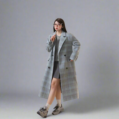 Large size women's elegant  warm blue plaid lapel long coat new