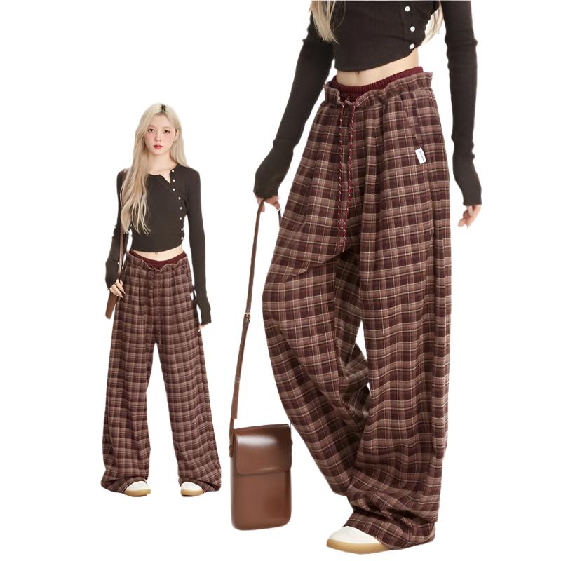 Checkered pants women's winter drape sports casual straight pants