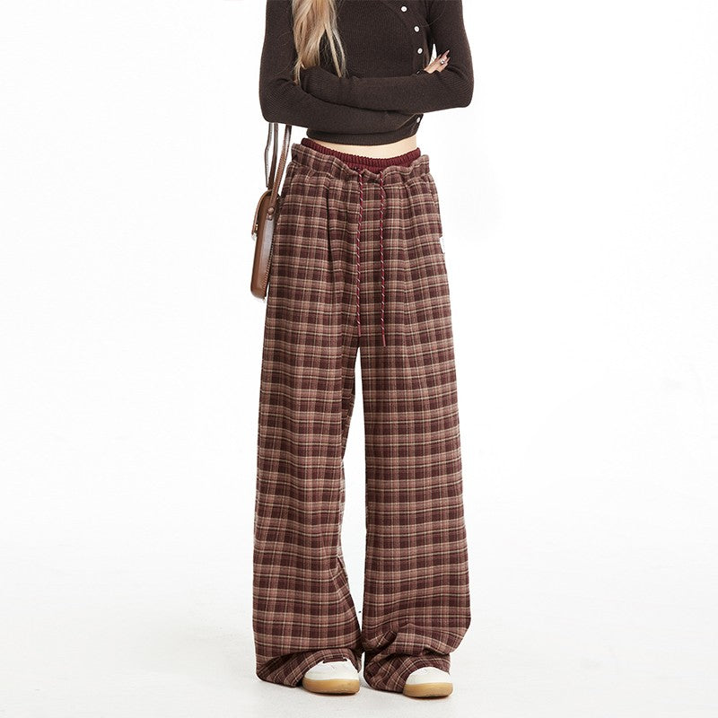 Checkered pants women's winter drape sports casual straight pants