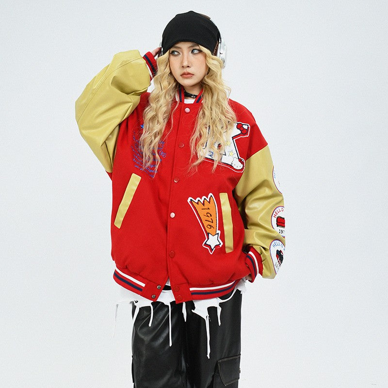 Embroidery unisex stitching baseball jacket loose fit