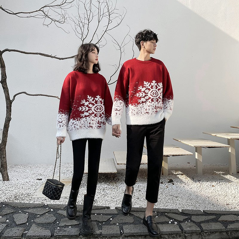 Christmas sweater outfit autumn and winter couple red sweater