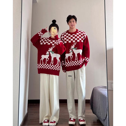 Christmas outfit couple outfit winter elk sweater red robe men and women