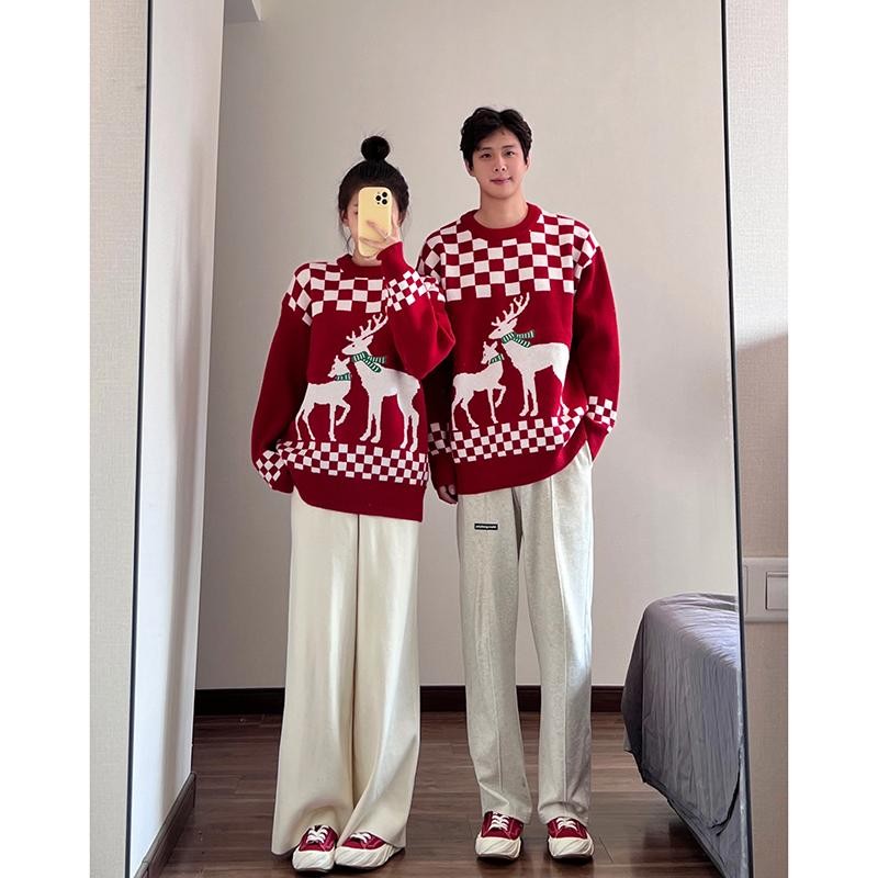 Christmas outfit couple outfit winter elk sweater red robe men and women