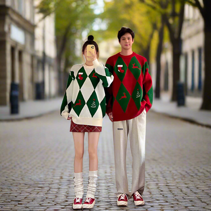 Christmas outfit red green couple winter sweater unisex loose fit