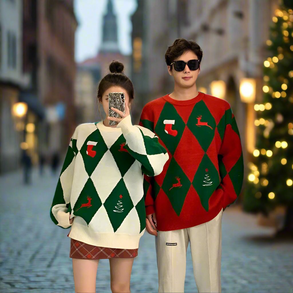 Christmas outfit red green couple winter sweater unisex loose fit