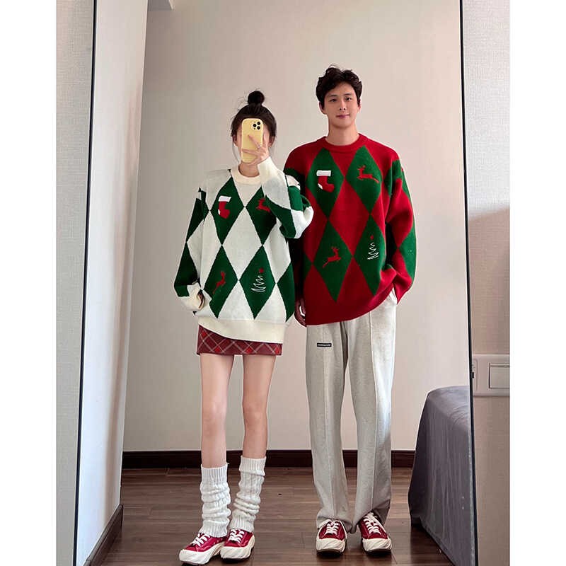 Christmas outfit red green couple winter sweater unisex loose fit