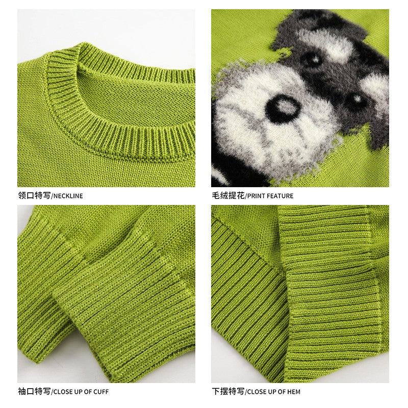 Puppy pattern round neck sweater for men and women autumn retro lazy style couple casual bottoming sweater