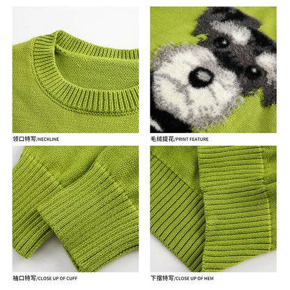 Puppy pattern round neck sweater for men and women autumn retro lazy style couple casual bottoming sweater