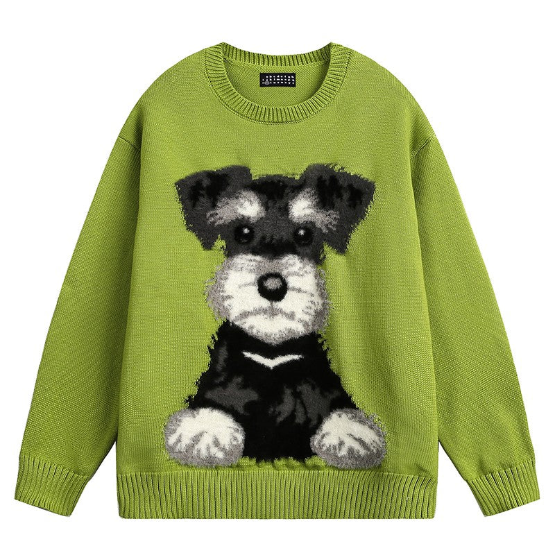 Puppy pattern round neck sweater for men and women autumn retro lazy style couple casual bottoming sweater