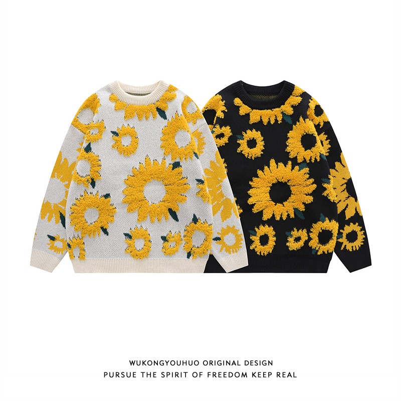 Maglione girocollo con stampa di girasole alla moda, da uomo, in maglia, da strada, ampio, da coppia