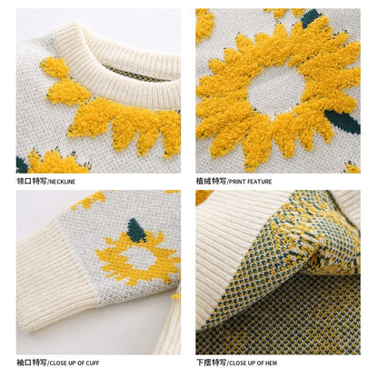 Maglione girocollo con stampa di girasole alla moda, da uomo, in maglia, da strada, ampio, da coppia