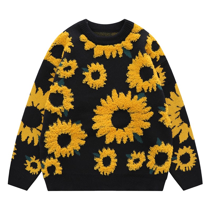 Maglione girocollo con stampa di girasole alla moda, da uomo, in maglia, da strada, ampio, da coppia