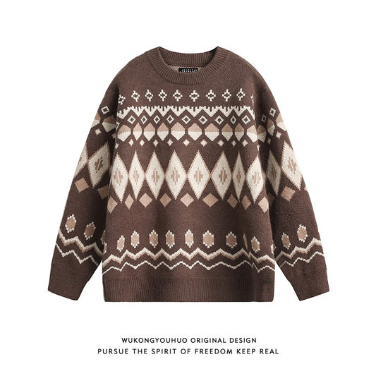 Fair jacquard round neck sweater men and women autumn and winter couple loose casual sweater