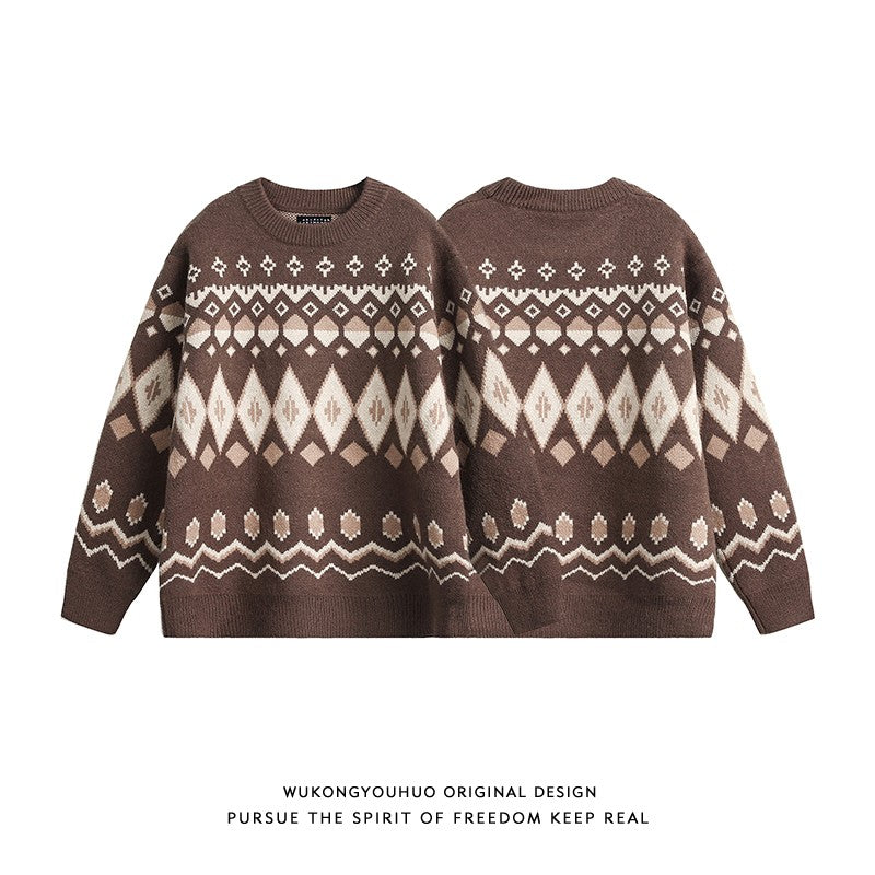 Maglione girocollo jacquard Fair Isle da uomo e da donna, autunno e inverno, coppia, casual, ampio, fondo