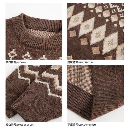 Maglione girocollo jacquard Fair Isle da uomo e da donna, autunno e inverno, coppia, casual, ampio, fondo