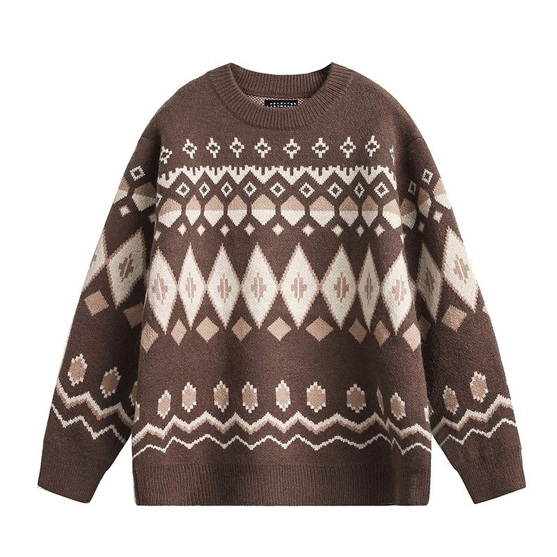 Maglione girocollo jacquard Fair Isle da uomo e da donna, autunno e inverno, coppia, casual, ampio, fondo