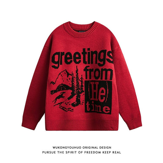 Red contrast color round neck sweater men's trendy brand loose couple pullover red sweater