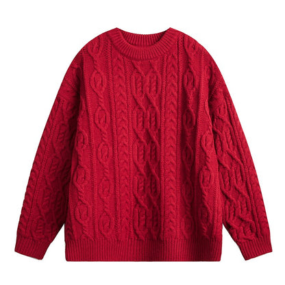 Roter Rundhalspullover mit Twist-Design für Herren im Herbst und Winter, lockerer Pullover für Paare