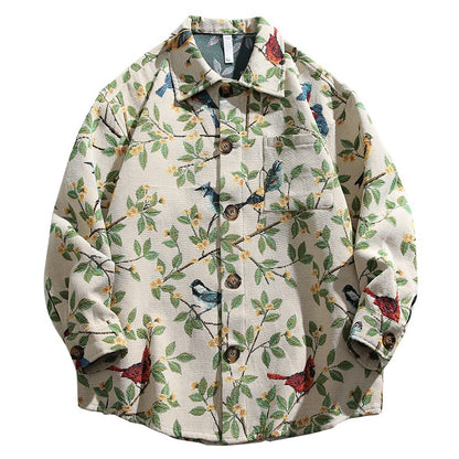 Floral long-sleeved shirt men and women autumn trendy loose couple casual shirt jacket