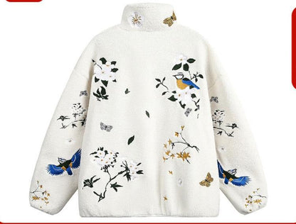 Embroidery lambskin jacket men and women trendy brand loose stand collar cotton coat