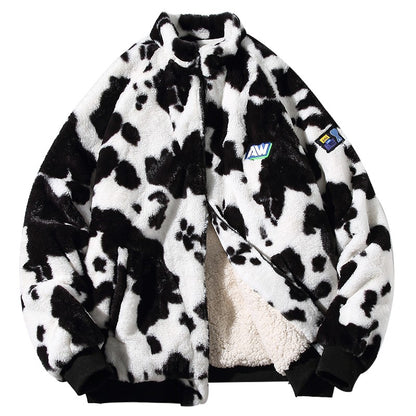 Cow pattern lamb fleece stand collar cotton jacket men and women winter loose couple cotton jacket