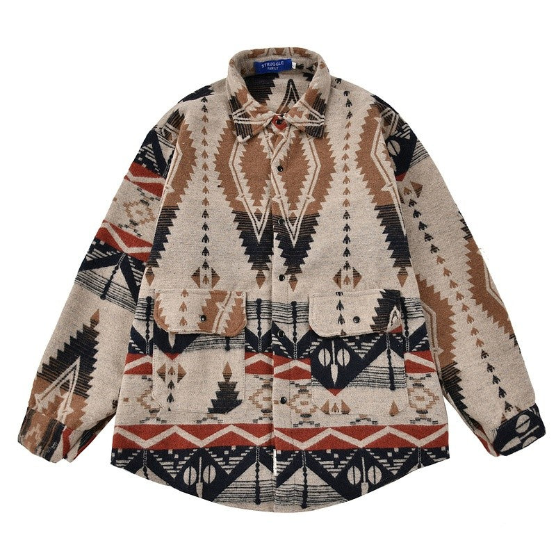 Spring and Autumn ethnic style lapel long-sleeved shirt men's trendy vintage casual shirt