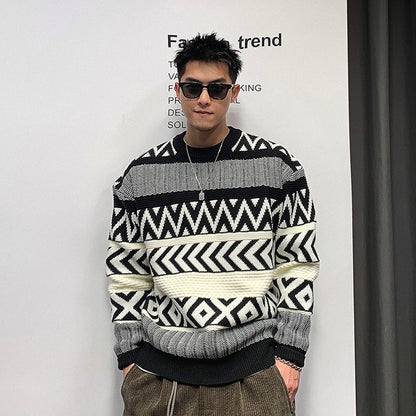 Vintage sweater men's winter high-end cool knitted sweater American retro round neck sweater