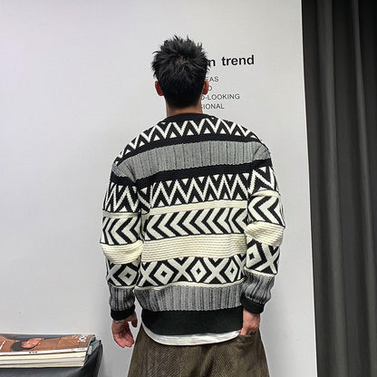 Vintage sweater men's winter high-end cool knitted sweater American retro round neck sweater