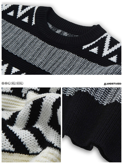 Vintage sweater men's winter high-end cool knitted sweater American retro round neck sweater