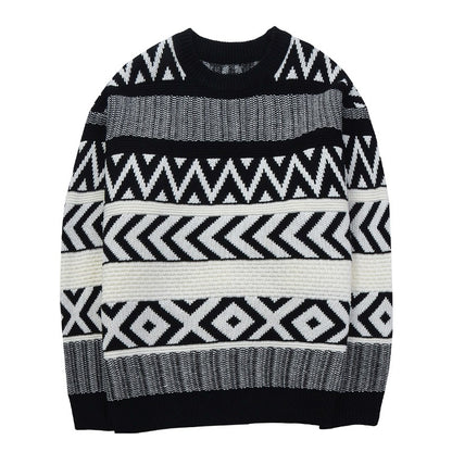 Vintage sweater men's winter high-end cool knitted sweater American retro round neck sweater