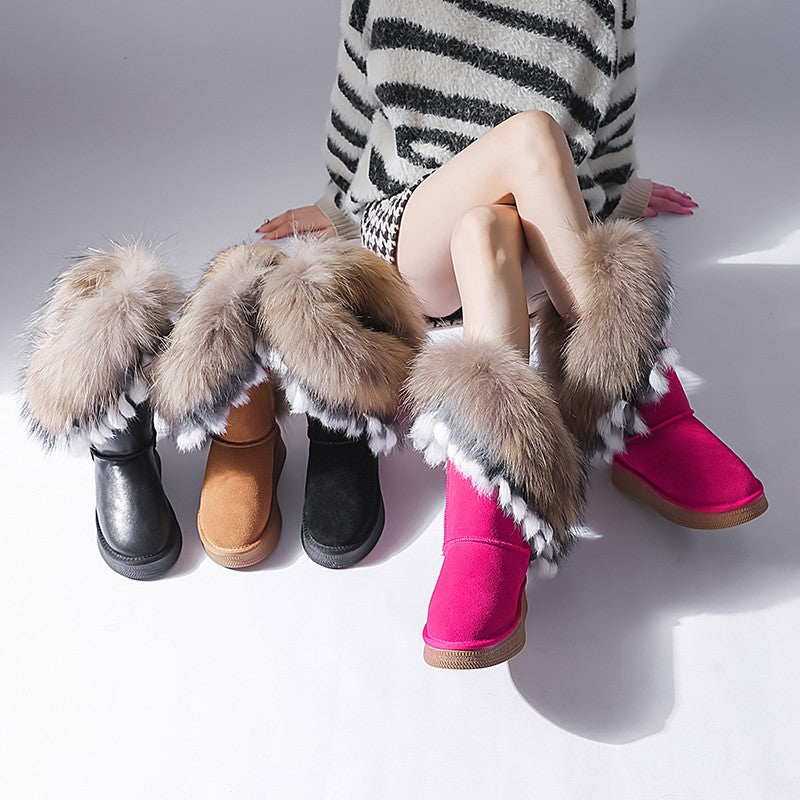 Fur fox fur thick-soled snow boots with inner heightening high-calf boots genuine leather