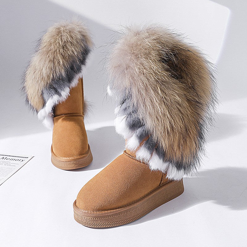 Fur fox fur thick-soled snow boots with inner heightening high-calf boots genuine leather