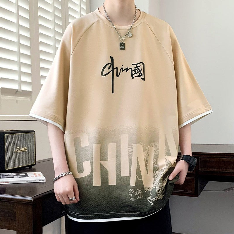 Semi two-piece round neck T-shirt men's loose tops