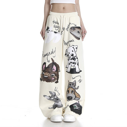 Sports casual pants women cartoon animal print loose straight wide leg pants