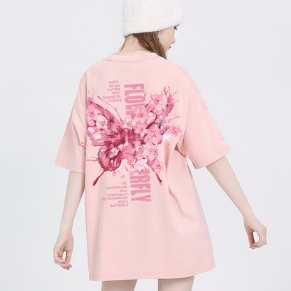 Butterfly print T-shirt women slim top pink