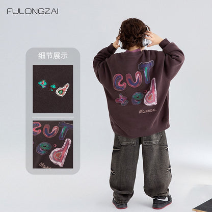 Children's clothing winter boys and girls new models for middle and large children loose plus velvet thick warm bottoming children's sweatshirt