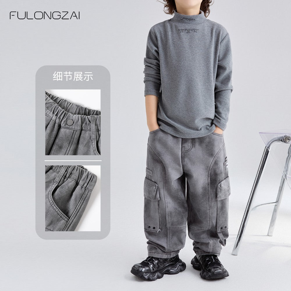 Children's clothing cago winter boys and girls middle large thick warm long pants