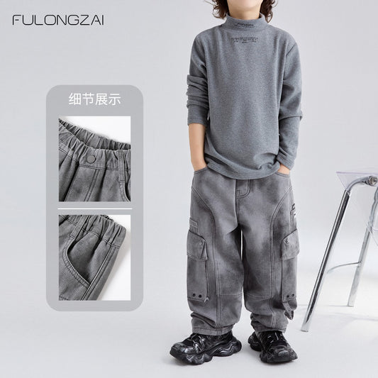 Children's clothing cago winter boys and girls middle large thick warm long pants