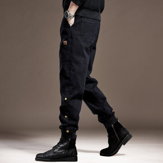 Black men jeans heavyweight cotton autumn outdoor cuffed black casual pants trousers