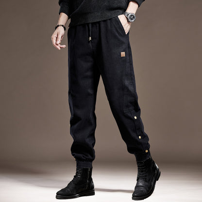 Black men jeans heavyweight cotton autumn outdoor cuffed black casual pants trousers