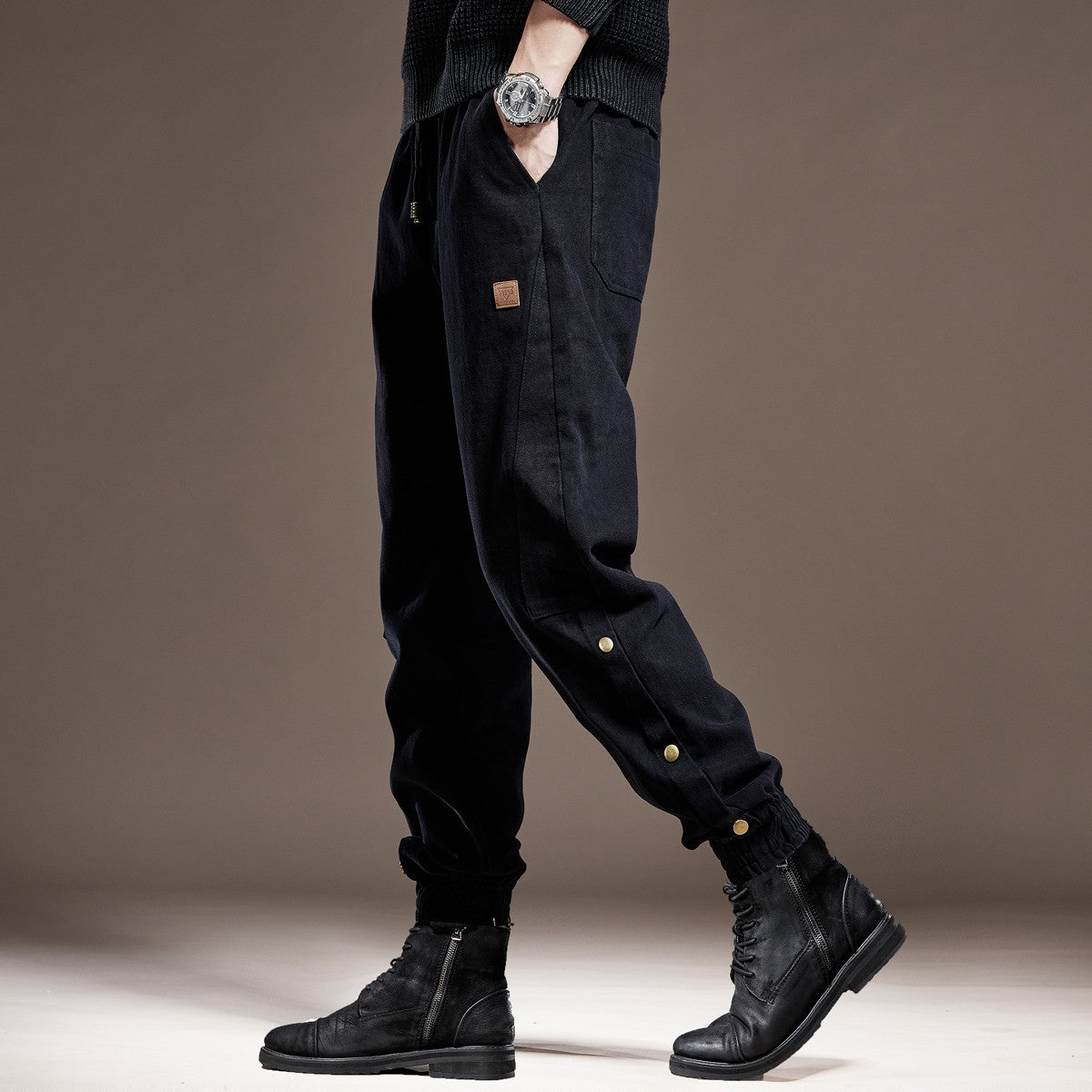 Black men jeans heavyweight cotton autumn outdoor cuffed black casual pants trousers