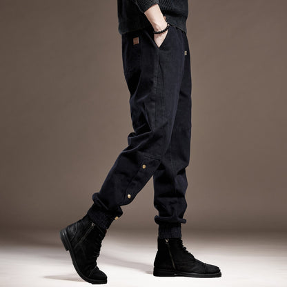 Black men jeans heavyweight cotton autumn outdoor cuffed black casual pants trousers