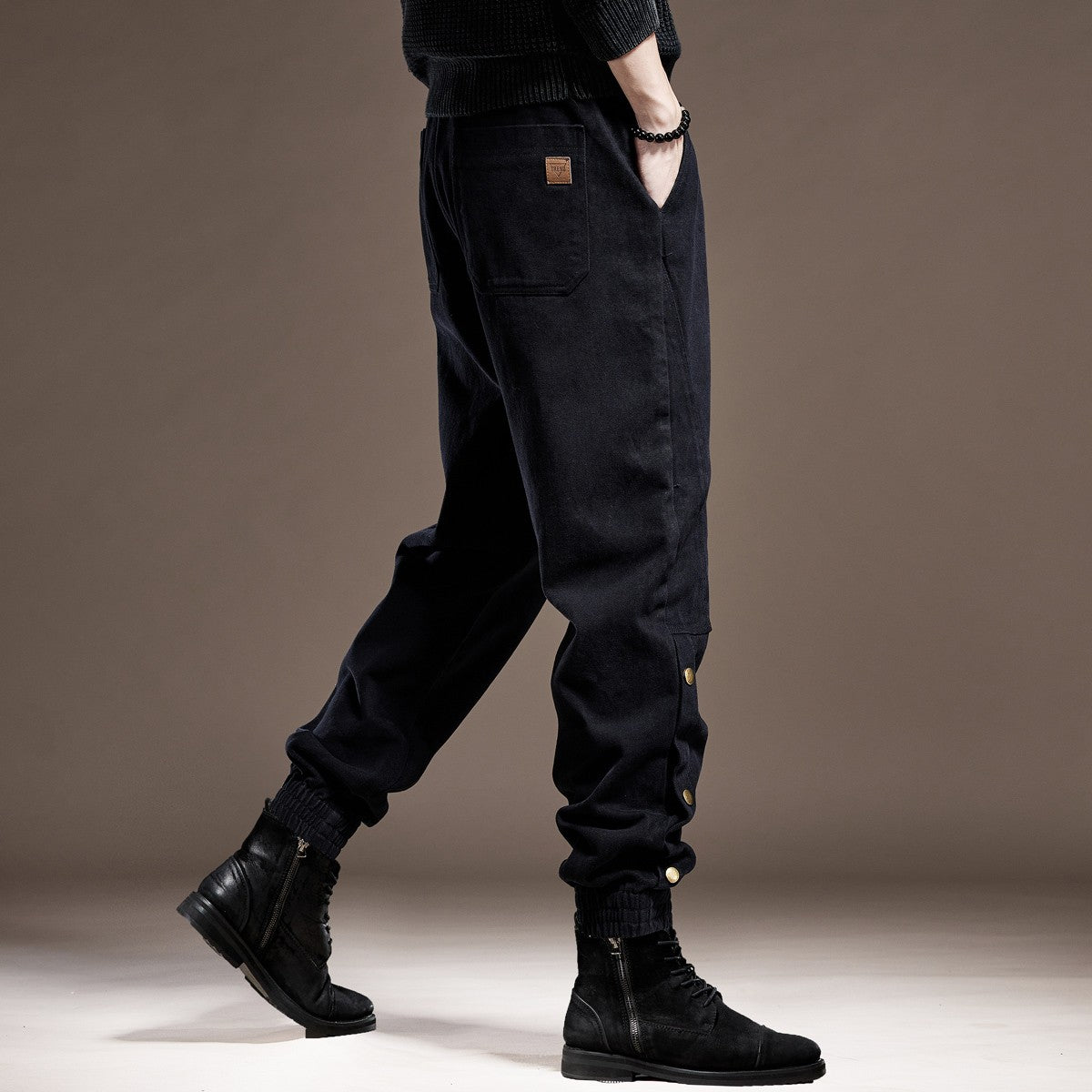 Black men jeans heavyweight cotton autumn outdoor cuffed black casual pants trousers