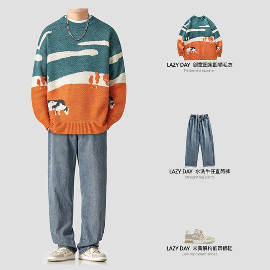 LAZY DAY original men's wear a complete set creative embroidery pattern round neck sweater men's top