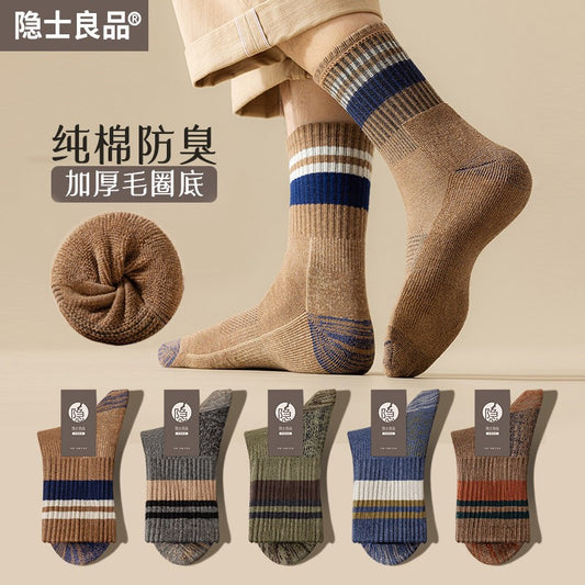 Men's autumn and winter mid-length socks 100% towel-bottomed pure cotton warm plus velvet thickened terry winter long socks