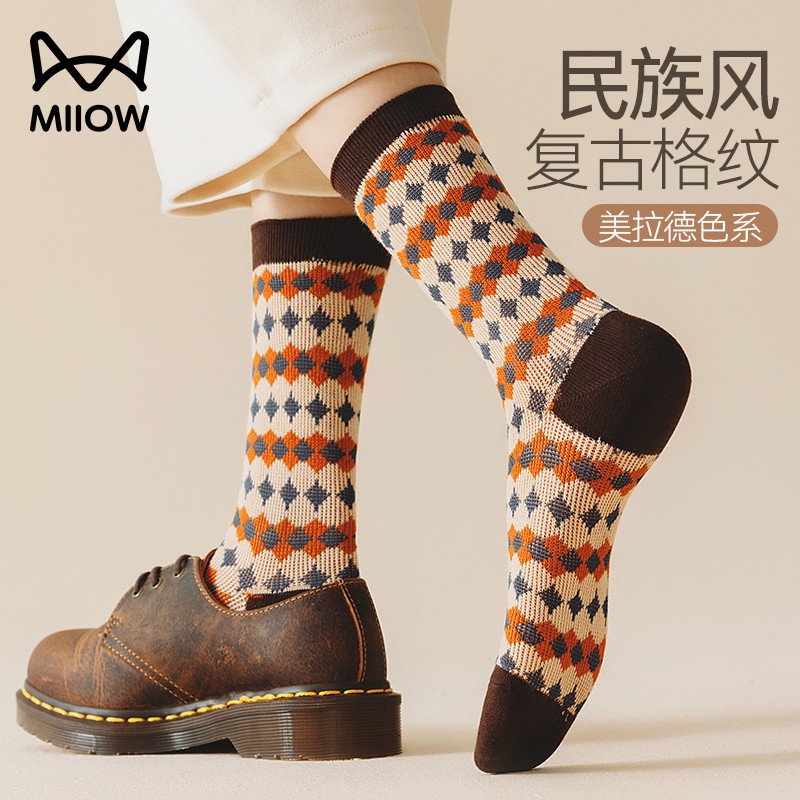 Catman socks women's mid-tube cotton socks autumn and winter ethnic style double needle long socks