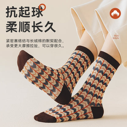 Catman socks women's mid-tube cotton socks autumn and winter ethnic style double needle long socks