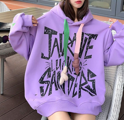 oversized graffiti with plush hooded hoodie for women's