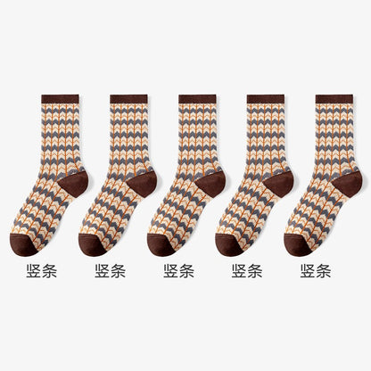 Catman socks women's mid-tube cotton socks autumn and winter ethnic style double needle long socks