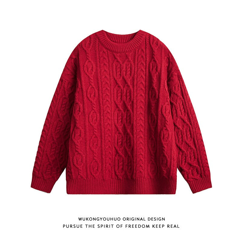 Roter Rundhalspullover mit Twist-Design für Herren im Herbst und Winter, lockerer Pullover für Paare